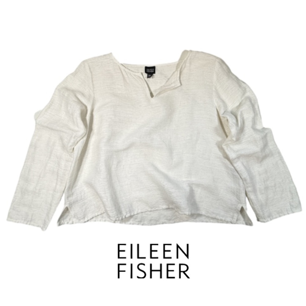 EILEEN FISHER | Linen Cotton Cream Boxy Split Boat Neck Pullover Long Sleeve Top